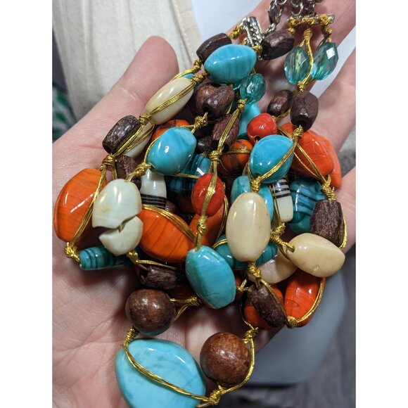 Bohemian Multilayer Blue And Orange Glass And Wood Beaded Necklace - Picture 7 of 10